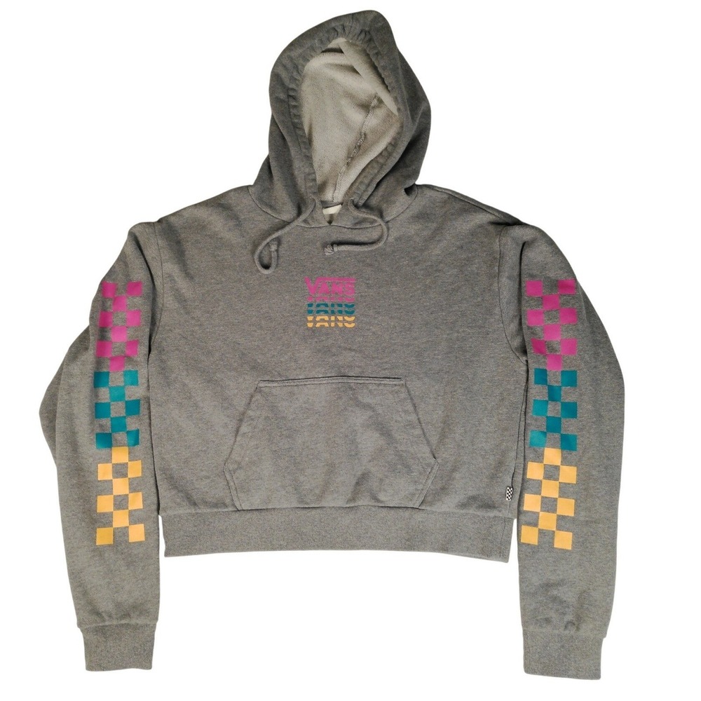 Vans Women Gray Cropped Hoodie‎ Neon Logo Checkerboard Sleeve VN0A4S95GRH S